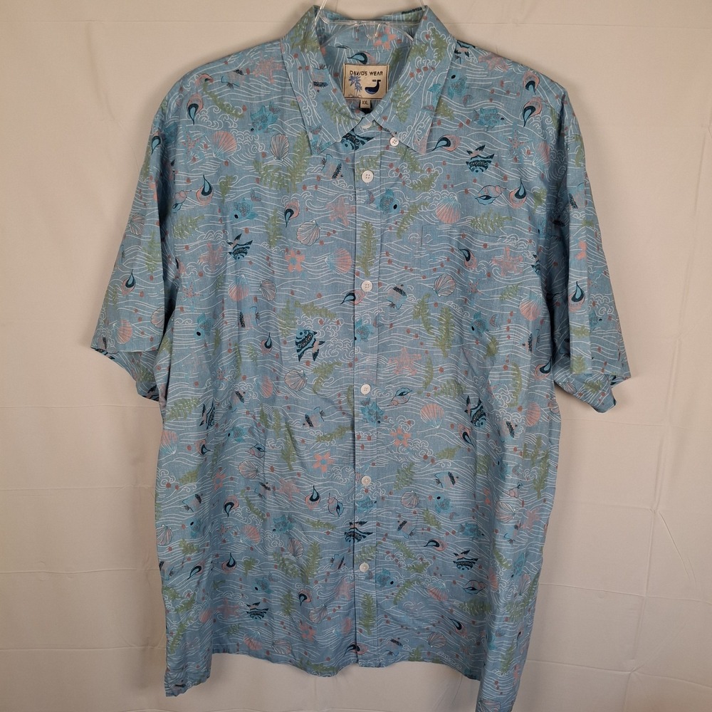DAVID'S WEAR Men's 2XL Shirt Blue Pink Marine Life Fish Short Sleeve Button Down - Picture 3 of 12